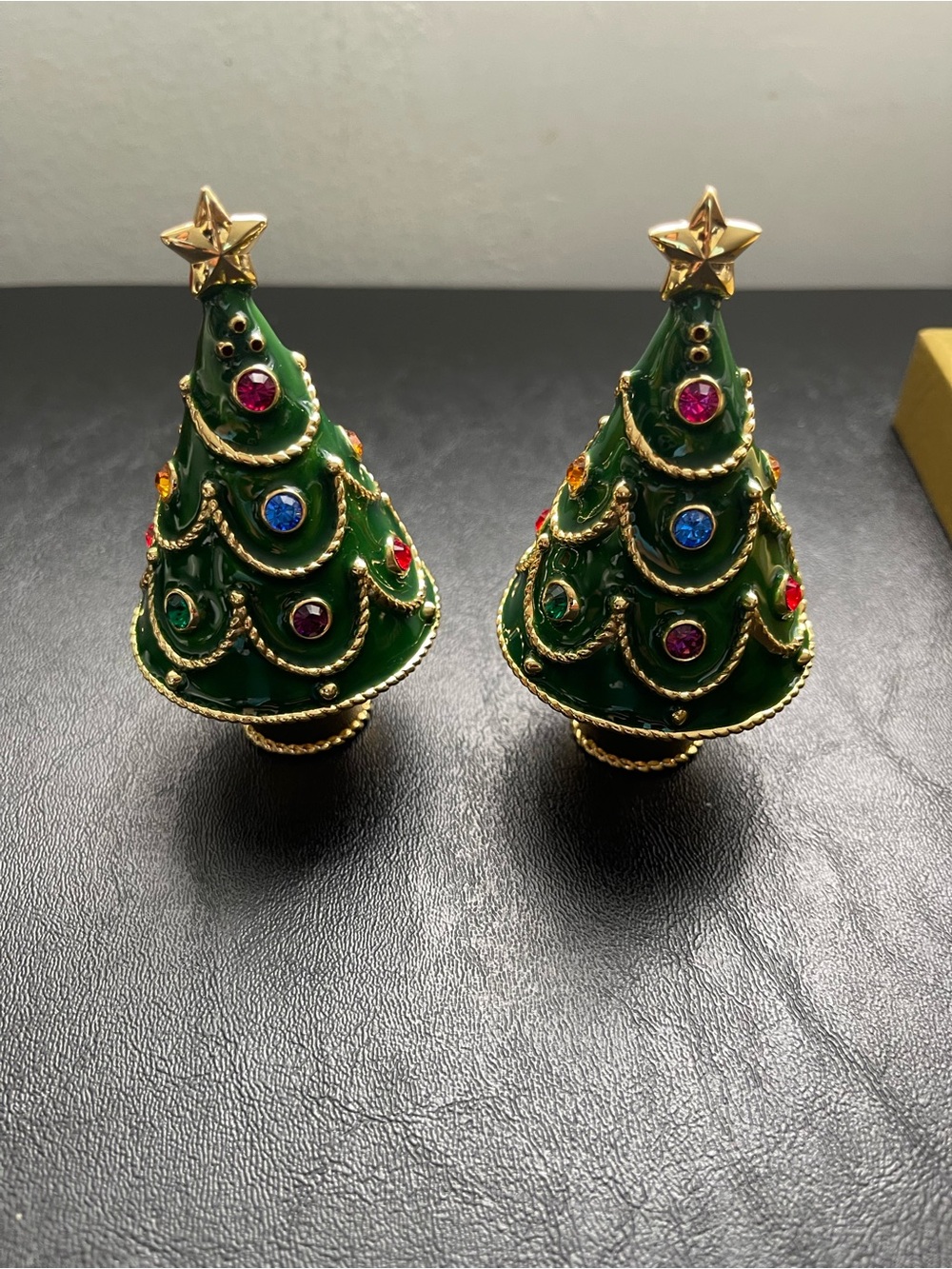 Vintage Neiman Marcus Christmas Tree Salt & Pepper Shaker Jeweled Enamel
